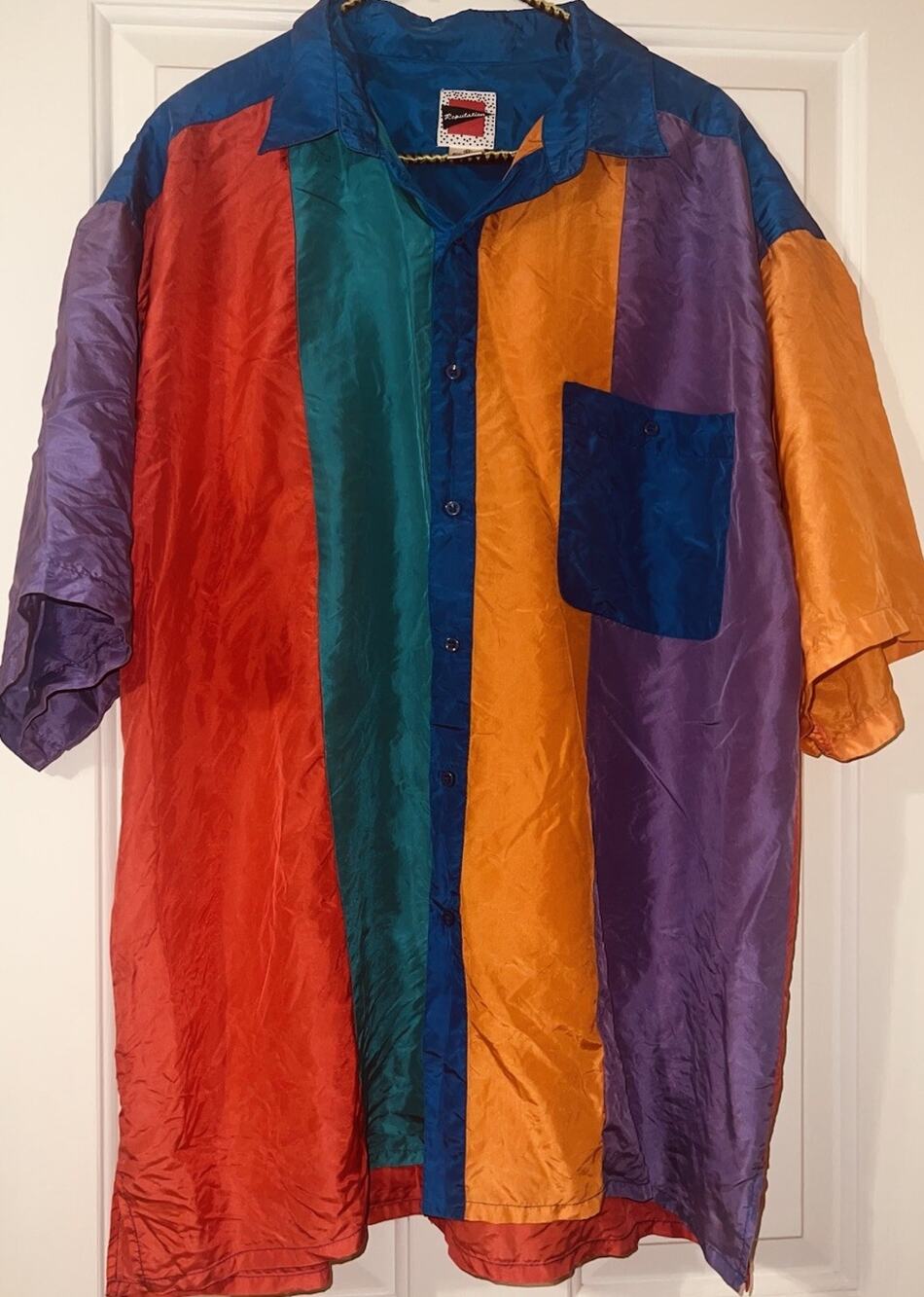 Vintage 80s 90s Reputation Silk Colorblock Shirt Mens Retro Short Sleeve Boho XL